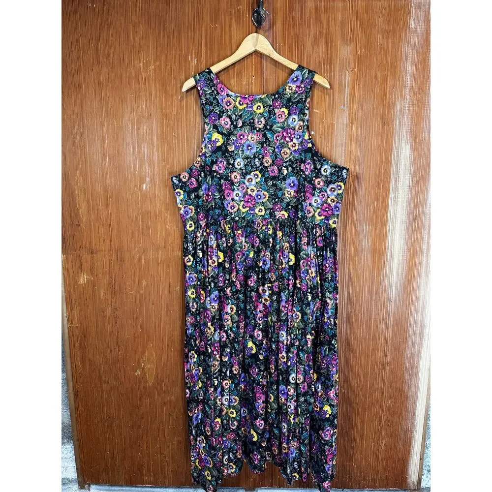 Vintage Pineapple Patch XXL Floral Cotton Midi Dress Black Sleeveless - Picture 2 of 6